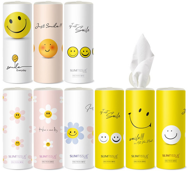 선물세트 9P [해피스마일] / 차량용 휴대용 캔티슈 휴지 화장지 미니 원통형 원형 대나무 슬림티슈 집들이 개업, 1세트, 9개입