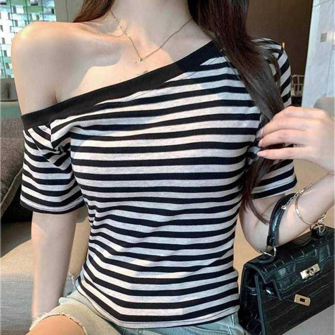 예쁜 여성 티셔츠 스트라이프 오픈 오프 숄더 반팔
