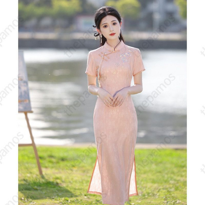 치파오드레스 우아함 프렌치 민소매 허벅지 화려한 슬림 하객룩 트임 약혼예복 여름드레스