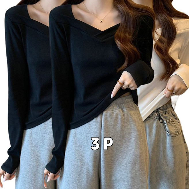 GMZZ 여성 봄 간절기 티셔츠 브이넥 하트넥 긴팔티 3종 세트