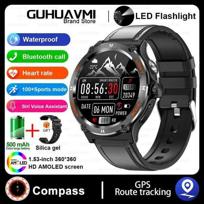 스포츠 나침반 강한 빛 심박수 수면 분석 통화 스마트워치 스마트 워치 방수, 1개, 2. Black Leather / A. LED L...