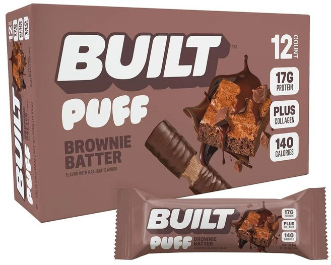 Built Bar Puffs Bars Brownie Batter 빌트 퍼프바 고단백 에너지바 브라우니 배터, 12개, 48g - 쿠팡