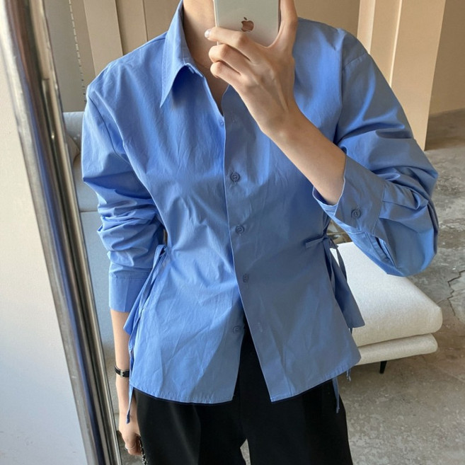 쪼예 허리 리본 스트랩 엣지 루즈핏 긴팔 세미 셔츠