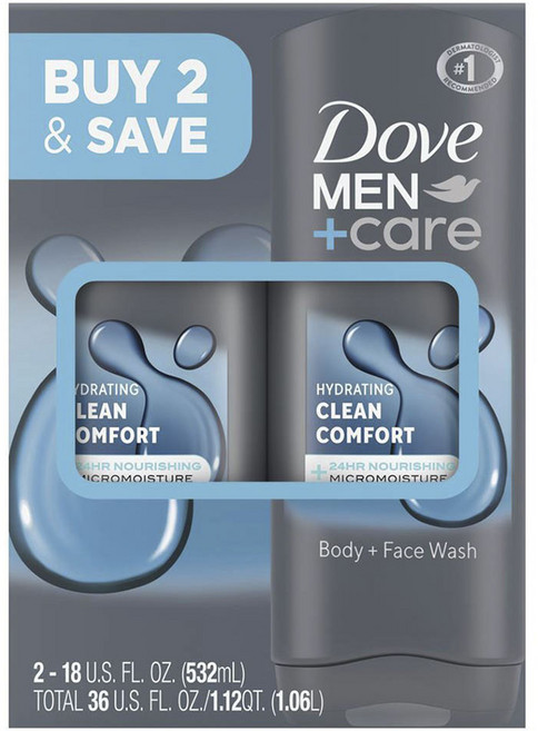 Dove 多芬 男士+護理 保濕潔淨舒適 身體+臉部沐浴乳 2入組, 1個, 1.06L