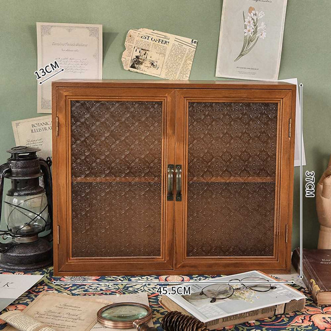 원목 인테리어 그릇장 서랍 미니 오픈형 레트로 주방 수납, 2단 양도어형 해상화 유리도어