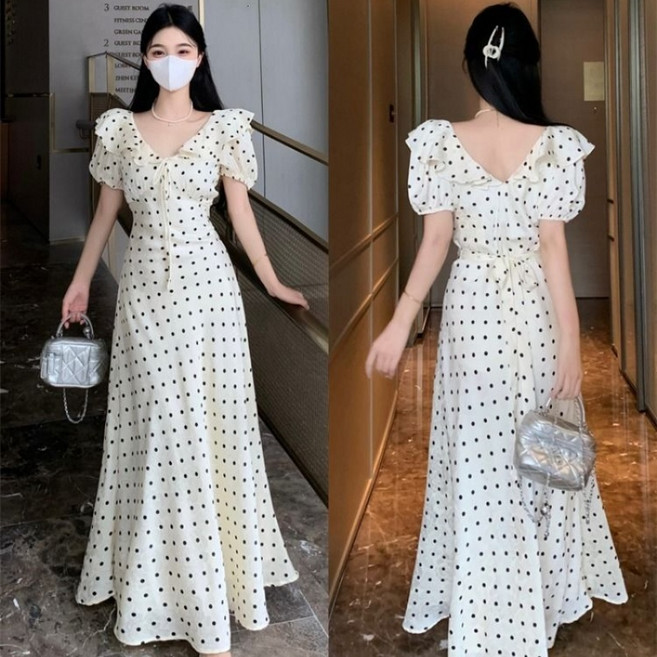 ANYOU 패션 여름 원피스 여성 롱 원피스 프렌치 반팔 데일리룩 빅사이즈 원피스 슬림핏 하객룩 캐주얼 바캉스룩