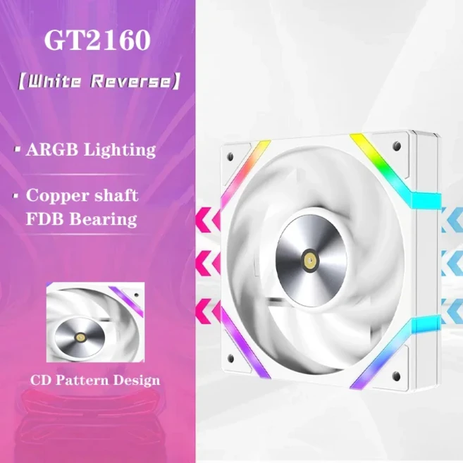 ICE 고래 GT2160 케이스 선풍기 120mm 3 핀 ARGB 조명 효과 4 PWM 구리 베어링 800-2200RPM 냉각 마더보드, 01 기타, 01 A-RGB, 01 GT2160 White Reverse