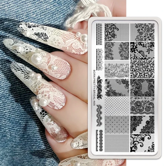 BORN PRETTY 교회 창 네일 스탬프 플레이트 나비 목걸이 꽃 라인 아트 템플릿 이미지 매니큐어 도구, 11 BRIDAL-N05
