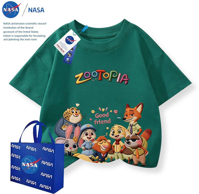 주토피아 캐릭터 반팔 자수 티셔츠 면티 남아 오버핏 긴팔티 순면 라운드 여아 면 여름, 1개, TTZ0846 딥그린