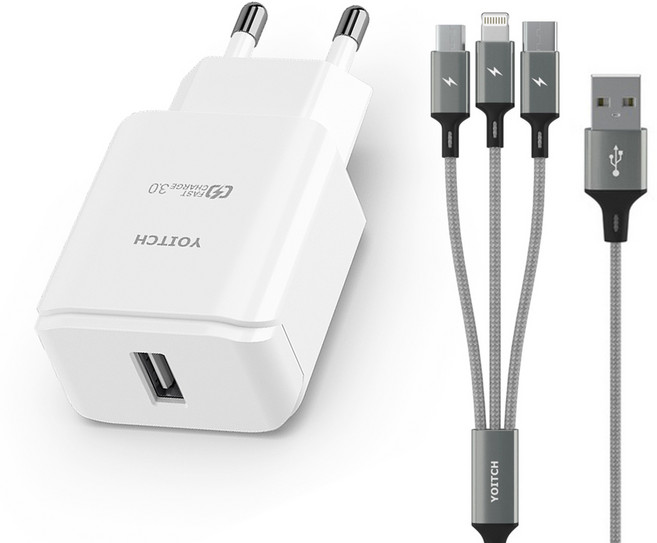 18W USB 1포트 고속충전기 어답터 세트+ 3in1 베타 케이블 C타입+8핀+5핀 1.2M, 1개, 요이치18W 고속충전기 + 3in1 베타케이블_70cm