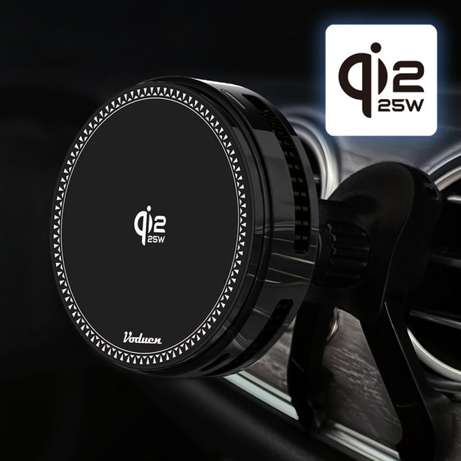 보듀엔 QI2.2 25W 초고속 냉각 맥세이프 차량용 핸드폰 무선충전 거치대 VC PRO 송풍구형 + 대시보드 + 자석링, 리치블랙
