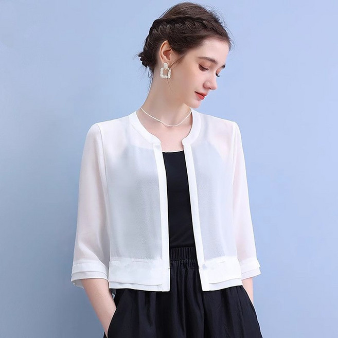 ROYALBELLE 여성 쉬폰 시스루 7부소매 크롭 가디건 데일리 얇음 자외선 차단 가디건 E0062215