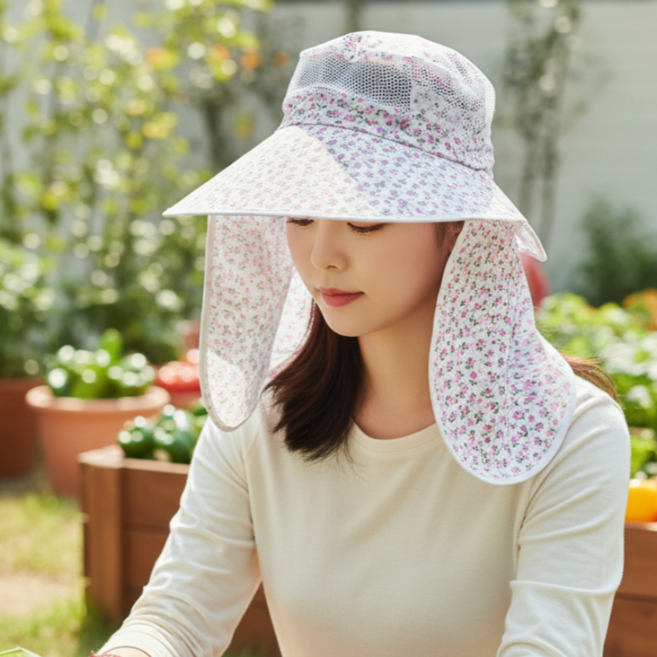 야외작업용 자외선 차단 꽃무늬 햇빛가리개 모자
