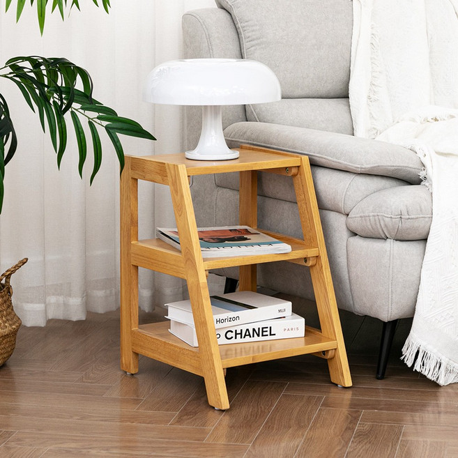 바네스데코 고무나무 사다리 원목 화분대 그릇선반장 협탁, 라이트브라운