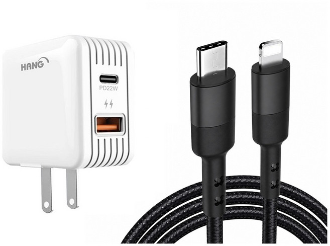 HANG C15 22W PD QC 快充組 充電器+充電線 適用 iPhone, 充電頭白(送C to IOS編織線2m), 1套