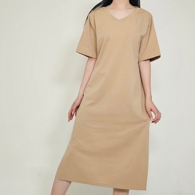 여성 데일리 심플 반팔 옆트임 롱 원피스