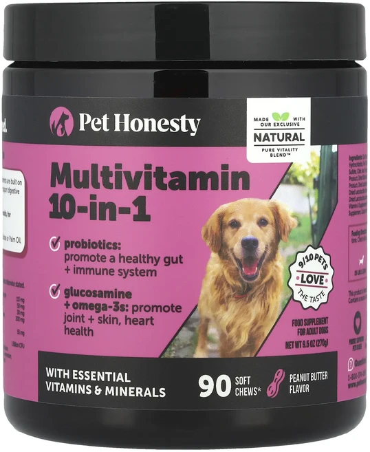헁복하고 건강하세요 Pet Honesty 종합비타민 10-in-1 성견용 땅콩 버터 소프트 츄 90개 270g(9.5oz) 늘 챙기셔야합니다, PetHonesty종합비타민10in1성견용땅콩버터소프트 - 쿠팡