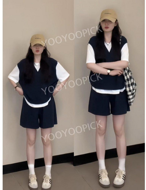 여성 상하세트 반팔 티셔츠 베스트 와이드 반바지 루즈핏 캐주얼 상하의 셋업