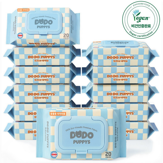 도도퍼피스 플라스틱 0% 강아지 전용 반려 동물 물티슈 휴대용, 12개, 20개입