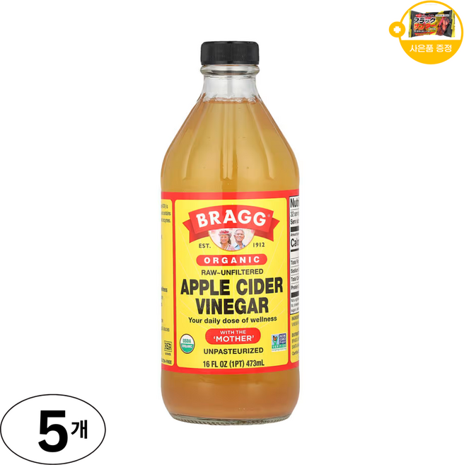 Bragg 유기농 무가공 애플 사이다 식초 초모 함유 사은품 추가증정, 473ml, 5개