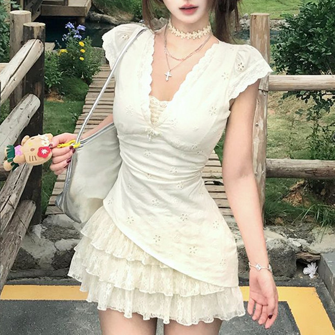 홍언목요 여성 미니원피스 레이스 자수 원피스 여름 튜닉 원피스 브이넥 스윗 원피스