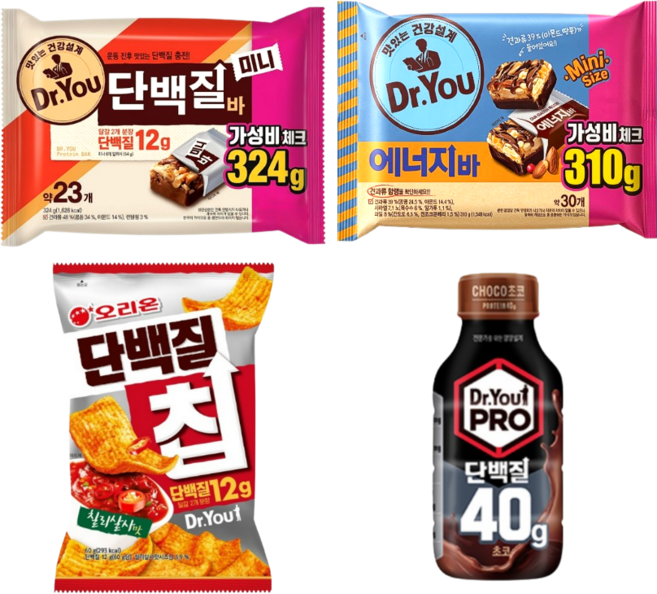 오리온 단백질바 미니 324g + 에너지바 미니 310g + 단백질칩 칠리살사맛 60g + 닥터유프로 단백질드링크 초코 350ml 4종세트