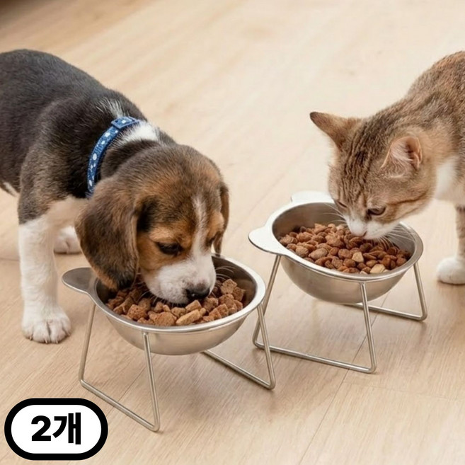 이스쳐 튼튼하고 위생적인 스텐 고양이 강아지 밥그릇, 2개, 스텐실버