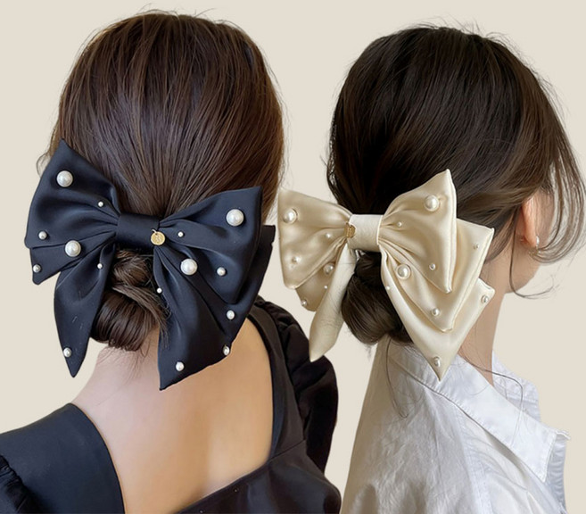 여성 헤어 악세사리 진주 반묶음 머리 빅 대왕 리본 헤어핀 새틴공단왕진주리본핀 1+1