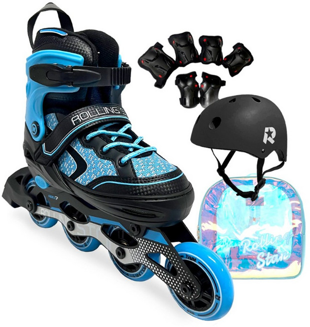 롤링스타 인라인 롤러 스케이트 밀크런 블랙 세트 헬맷 보호대 가방, 1개