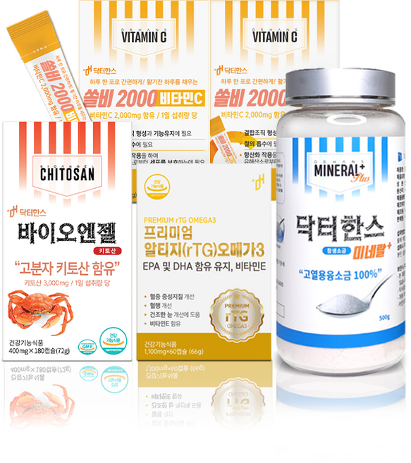 기초영양제 닥터한스 권장 필수 영양제 건강세트 (비타민C 60포 + 소금 500g + 오메가3 60정 + 키토산 180정), 1개