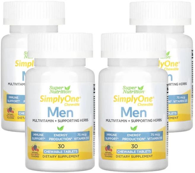 슈퍼뉴트리션 SimplyOne 남성 종합비타민 + 허브 보조제 와일드베리 츄어블 30정, 4개 - 쿠팡