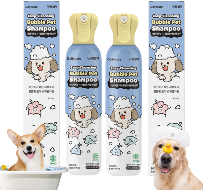 펫생각 데일리케얼 이지 클렌징 버블 샴푸 풍성하고 크리미한 거품 순하고 자극없는 목욕 피부 보습 진정 보호, 2개, 300ml