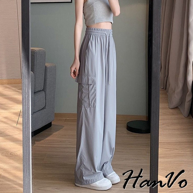 HanVo 側邊大口袋涼感速乾工裝褲 韓系休閒直筒闊腿長褲 A04-2625
