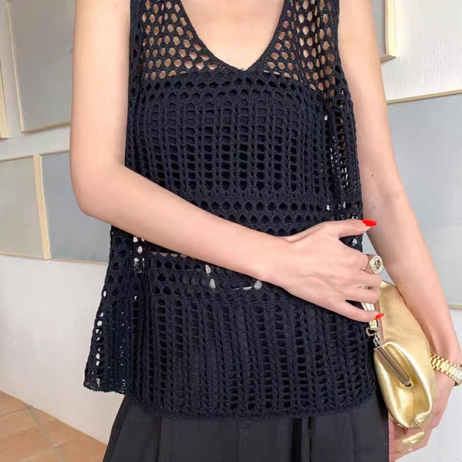 【梨卡】隔日到貨 女裝 罩衫 背心 上衣 鏤空針織 無袖背心 吊帶背心 外搭罩衫 海邊罩衫 百搭JR080, 黑色
