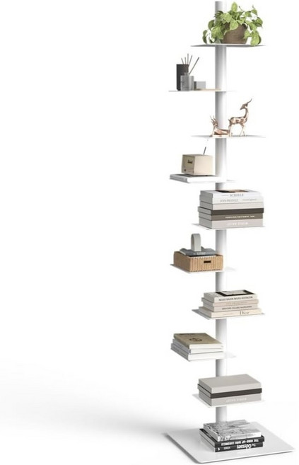 SAIVEINA 홈 수납정리 다용도 수직 책선반 인테리어 장식 탄소강 360도 회전 가능한 북선반 디스플레이 스탠드 책꽂이, 9단, 화이트