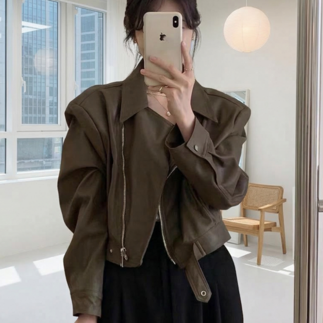 패피샵 여성용 간절기 크롭 레더 라이더 자켓