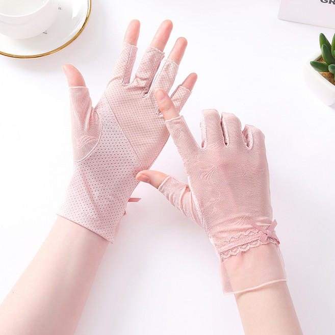윈즈 wynnz 여성 운전장갑 레이스 손가락 반장갑 자외선 차단장갑, 연핑크Lc, 1개