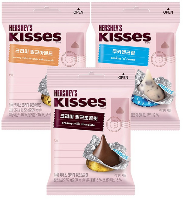 허쉬 키세스 초콜릿 ( 크리미밀크2ea+크리미밀크아몬드2ea+쿠키앤크림2ea ), 1세트, 52g