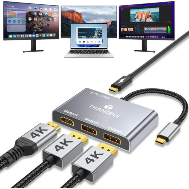 100W PD 충전이 가능한 USB C-3 HDMI 어댑터 DellSurface ProHP용 트리플 4K60Hz 모니터 익스텐더 스플리터 확장 디스플레이 허브 플러그 앤 플레이, USB C to 2 DP & HDMI Adapter