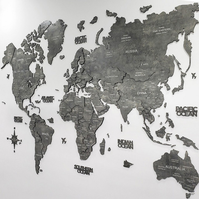 3D立體木製世界地圖【奢華版-太空灰】質感探索家 木質地圖 牆壁裝飾 壁貼 禮物送禮, XL PLUS (210*145cm),精裝國旗圖釘組