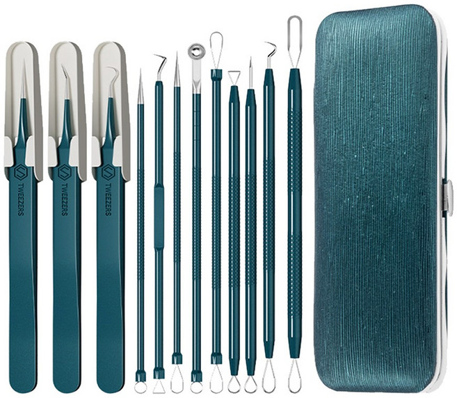 써울그레이 12종 독일 기술 고급 여드름압출기 가죽케이스 전문가용 블랙헤드 피지 압출 초정밀, 1세트, 짙은 녹색