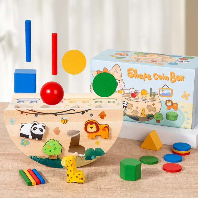 DIU 寶寶多功能積木配對手眼協調蒙氏投幣早教盒幼兒童益智玩具, 1個, 形狀配對投幣智力盒:如圖