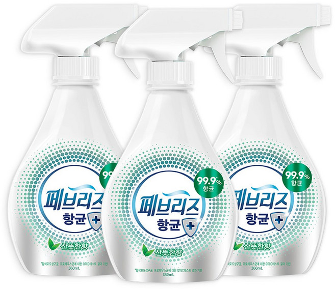 페브리즈 항균플러스 섬유탈취제 산뜻한향 본품, 360ml, 3개