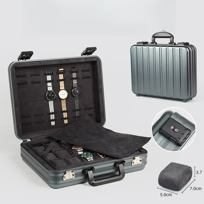 잠금 및 사용자 정의 로고가있는 알루미늄 시계 케이스 휴대용 비즈니스 가방 보관 상자 남성용 충격 벨벳, 02 18 Gcombination lock