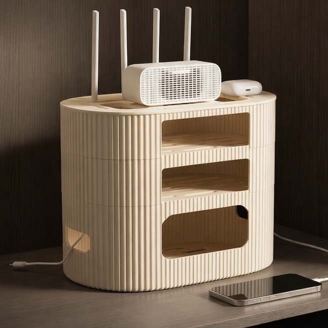 바오르 히든공유기 깔끔정돈 전선정리 셋톱박스 정리함, 크림화이트, 1개