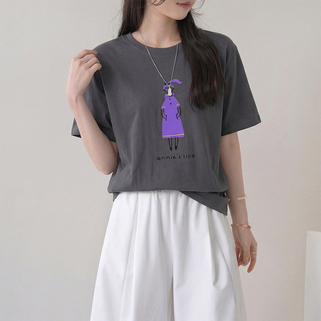 데일리앤 플로리 여성 반팔 티셔츠 여름 면 기본 프린팅 코튼 라운드 베이직