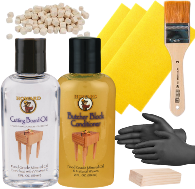 하워드 나무 도마 관리 키트 미네랄 오일 + 컨디셔너 + 샌딩 페이퍼 6p + 작업용 블록 + 브러쉬 + 장갑 + 도마 거치용 큐브 4p 세트, 1세트, 59ml