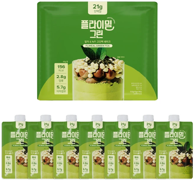 플라이밀 단백질 쉐이크 그린 파우치 녹차 말차 라떼 맛, 45g, 21개 - 쿠팡