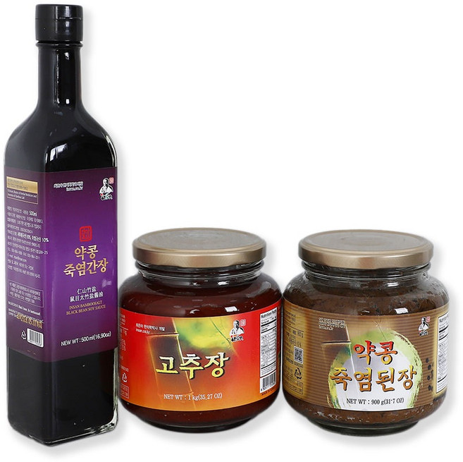 지리산 9회 죽염 1호 장류세트(약콩간장 500ml+고추장 1kg+약콩된장 900g)