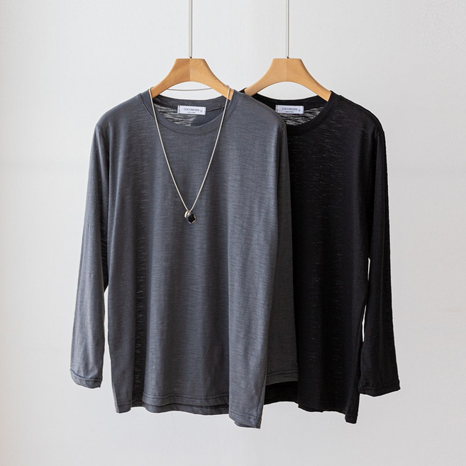 코코세븐 1+1 여성 빅사이즈 간절기 얇은 슬라브 시스루 라운드 박스 긴팔 티셔츠